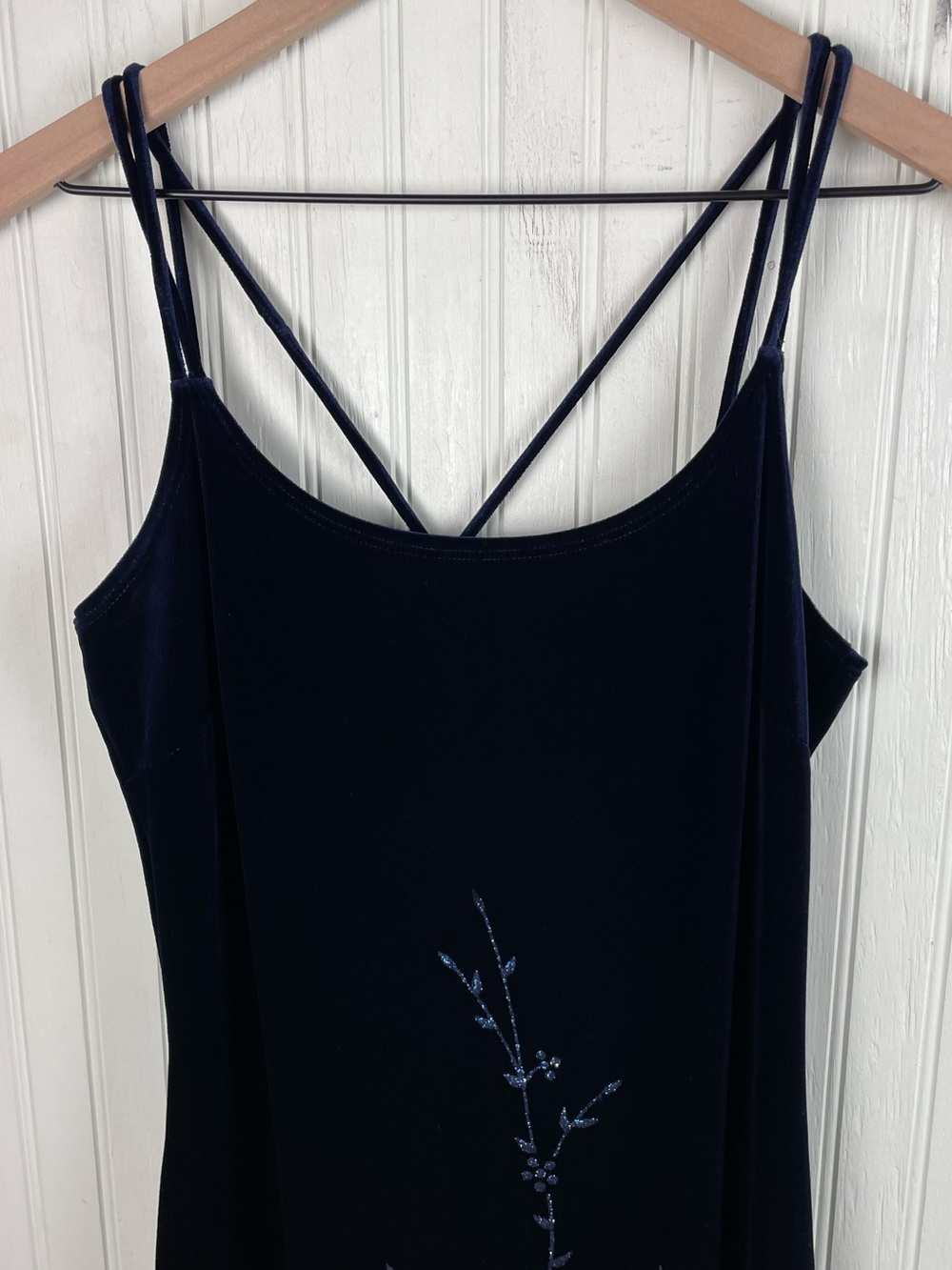 Vintage 90s Y2K Deep Blue Velvet Glitter Flower Maxi Dress Whimsigoth Fairycore - Picture 9 of 12